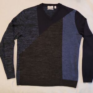 Calvin Klein Blue Black Italian Yarn Geometric V-Neck Pullover Sweater Men's M